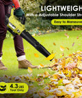 Person using powerful cordless leaf blower with dual 4Ah batteries fast charger 580 CFM at 160 MPH 2 speed modes