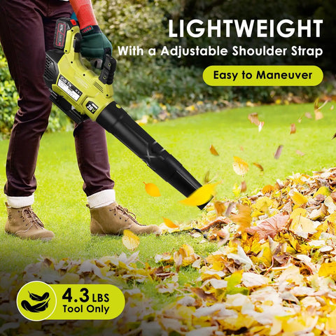 Person using powerful cordless leaf blower with dual 4Ah batteries fast charger 580 CFM at 160 MPH 2 speed modes