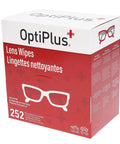 OptiPlus Lens Wipes box, red and white, 252-count pre-moistened wipes for glasses and screens
