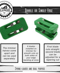 Pro Grade Wood Veneer Double Edge Banding Trimmer Half To One Inch Spring Loaded 6 Blade Edge Trimming Tool shown in green