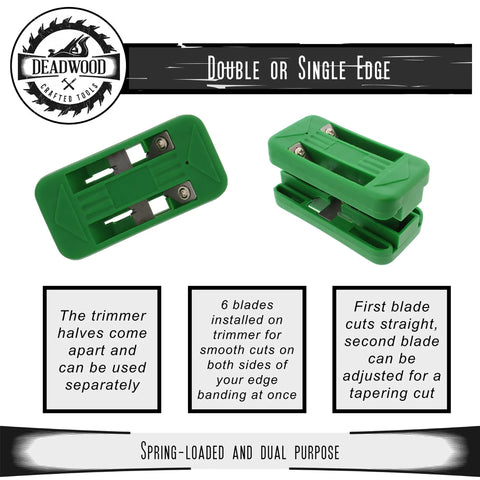 Pro Grade Wood Veneer Double Edge Banding Trimmer Half To One Inch Spring Loaded 6 Blade Edge Trimming Tool shown in green