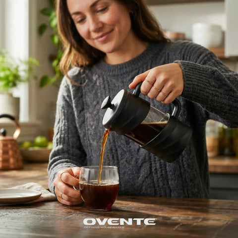 Woman pouring coffee from French Press Coffee Maker 20 Oz On The Go With Heat Resistant Borosilicate Glass And Stainless Steel 4 Level Filtration System Portable Cold Brew For Travel Camping Or Gift Black into a glass cup on a kitchen counter.