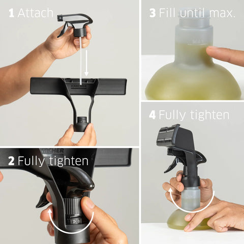 Kärcher WV 1 electric window vacuum squeegee, black, 10-inch head, shown with spray bottle and assembly steps.