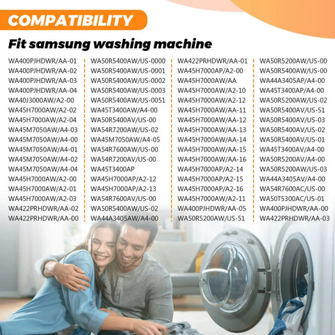 Water Inlet Valve DC97-15459H Go-To Replacement For Samsung Washers compatibility list and happy couple with laundry