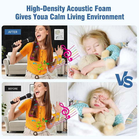 Killer 50 Pack Sound Proof Foam Panels For Walls With Sticky Peel And Stick Mount 12X12X2 Inch Acoustic Tiles shown in a before and after scenario.