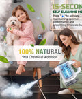 Kick Dirt To The Curb With This 14in1 Handheld Steam Cleaner in use, emitting steam on a tiled floor with a happy child and dog.