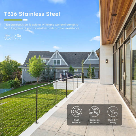 Beefy 316 Stainless Steel Cable 500 Ft One Eighth Inch Aircraft Wire Rope for deck railing on elegant residential patio.