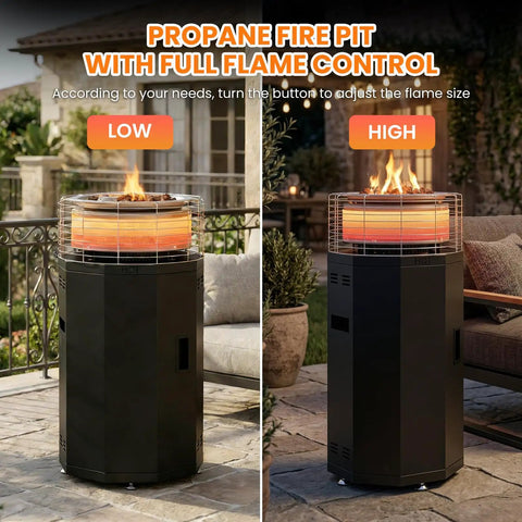 Outdoor Patio Heater And Smokeless Fire Pit 2 In 1 Propane Heater With 56,000 BTU for backyard hangouts, showing flame controls.
