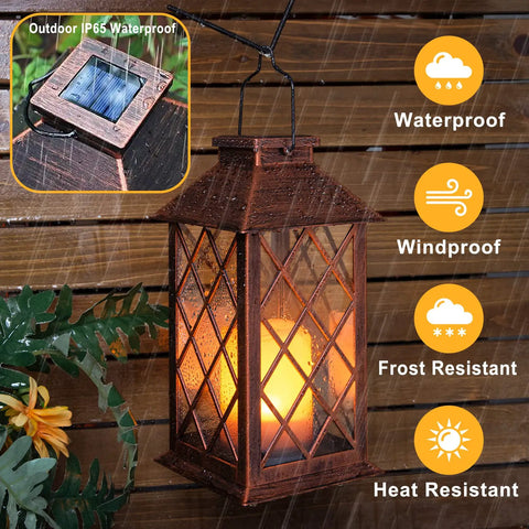 14 Inch Solar Lanterns Outdoor Garden Lights Weatherproof Waterproof LED Flickering Flameless Candles for Patio Table