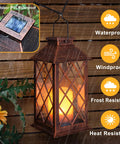 Two Pack 14 Inch Solar Lantern For Outdoor Garden Hanging Use Waterproof LED Flickering Flameless Candles With Warm Glow Auto On At Dusk Up To 24 Hours showing rain resistance features