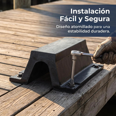 Heavy Duty Black Rubber Dock Bumper With Bolt Down Arch installation on a wooden pier, highlighting secure bolt-down design.