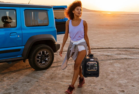 Woman carrying Dual Fuel Portable Generator With 4000W Peak And 3200 Running On Gas Or 3600 Peak And 2800 Running On Propane