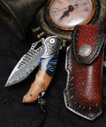 Damascus Steel Folding Knife With Resin Fusion Maple Wood Handle 8 Inch EDC Pocket Knife Leather Sheath And Pocket Clip