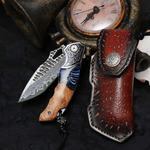 Damascus Steel Folding Knife With Resin Fusion Maple Wood Handle 8 Inch EDC Pocket Knife Leather Sheath And Pocket Clip