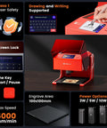 Image showing 5W Smart Laser Engraver With Built-In 2.0 AlgoOS System, a red desktop unit with 3.5-inch touch screen for engraving.
