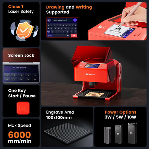 Image showing 5W Smart Laser Engraver With Built-In 2.0 AlgoOS System, a red desktop unit with 3.5-inch touch screen for engraving.