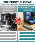 Comparison of damaged electronics with powder vs. clean power strip solution showcasing fire suppression stickers benefits.