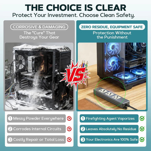 Comparison of damaged electronics with powder vs. clean power strip solution showcasing fire suppression stickers benefits.