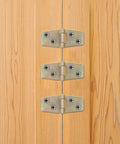 Three gold-tone metal hinges on wooden panel, part of Ten Pack 56x20mm Wood Case Hinges Durable Metal Box Hinges For Wooden Jewelry Boxes And Packaging