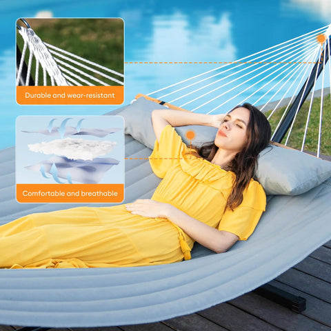 Woman relaxing on Double Hammock With Spreader Bar And Soft Pillow, 500 Lb Max Load, Ultra Portable Outdoor Hammock, Dark Gray background