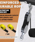 Rope Hoist Pulley System With Metal Bearing 4400lb Block And Tackle 8 To 1 Lift 65ft Heavy Duty With 2 Straps, features reinforced rope.
