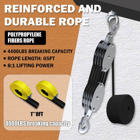 Rope Hoist Pulley System With Metal Bearing 4400lb Block And Tackle 8 To 1 Lift 65ft Heavy Duty With 2 Straps, features reinforced rope.
