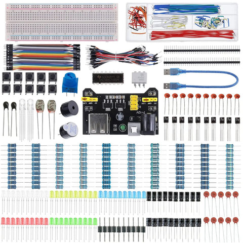 Totally Solid Electronics Component Kit With Power Supply Module And Jumper Wires, 480 Pcs, Precision Potentiometers, 830 Tie Points Breadboard displayed with components.