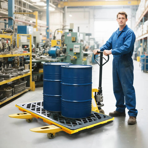 Two Drum Spill Containment Pallet With 48 By 24 By 4 Inch Beefy Footprint 2000 Pound Capacity Heavy Duty Forkliftable Tray in industrial use