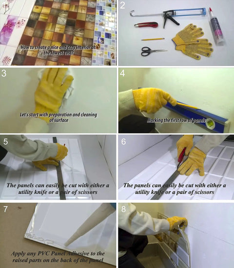 DIY installation guide for Grey Faux Cement Brick PVC 3D Wall Panel Dope Textured Accent Wall Kit with tools and steps displayed.