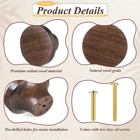 12 Pack Round Walnut Wood Drawer Handles 1.53 Inch Single Hole Cabinet Knobs With Screws, Easy Install details, brown finish