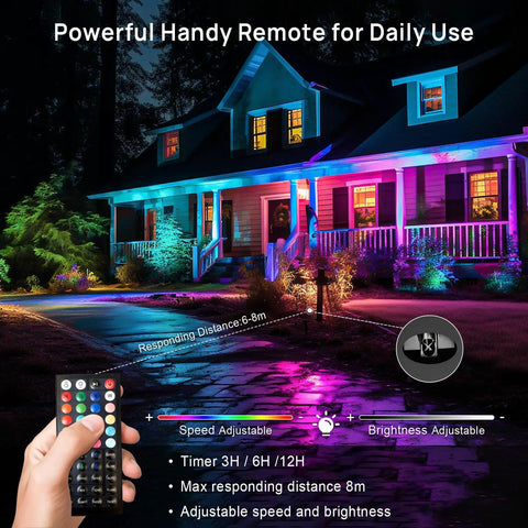 House lit with RGBW 25W LED Flood Light Color Changing 16 Million Colors IP66 Indoor Outdoor Uplighting, remote in hand.
