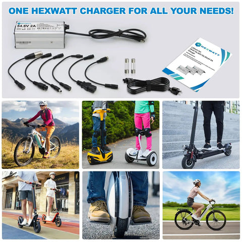 54.6V 2A Charger For 48V Lithium Ion Battery Ebike Electric Bike Electric Scooter Hoverboard Replacement With 6 Connectors, Safe Smart Charging, Aluminum Housing, Quiet Cooling Fan, High Quality Components