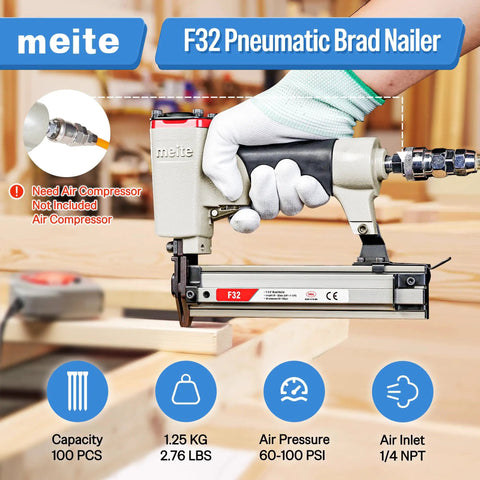 Hustle Ready 18 Gauge Pneumatic Brad Nailer With Beefy Aluminum Body And Comfort Grip used for fastening wood in DIY projects.