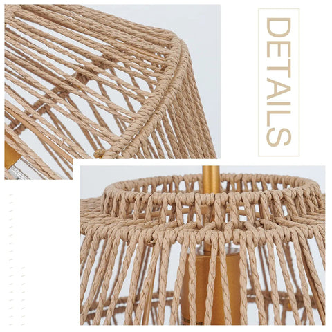 Rattan Pendant Light Fixture With Woven Abaca Rope Shade, Boho Chandelier Hanging Lamp, Natural Wood Gold Finish Accent for Bedroom, Dining Room, Kitchen Island, Entryway