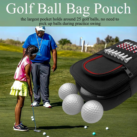 Golfers on course with Ultimate Golf Valuables Pouch and Ball Bag, portable organizer visible, holding golf equipment.