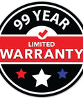 99 Year Limited Warranty seal with red banner, black background, and star accents for product assurance.