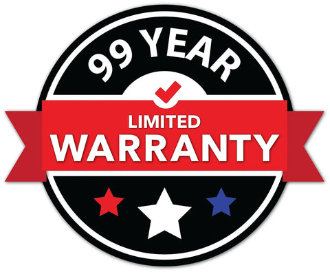99 Year Limited Warranty seal with red banner, black background, and star accents for product assurance.