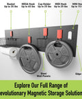 Heavy-Duty Magnetic Hooks For Steel Surfaces Two Size 2.5-Inch And 4-Inch Open Hooks With Easy Release And Non-Slip Grip, 25 Lb Holding Power, Ideal For Garage, Shed, Home Organization, Tools Storage, 6 Pack displayed on a storage panel with weights and a towel rack.