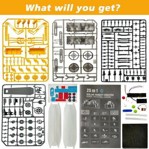 25 In 1 Solar Science Robot Kit For Kids Ages 8 And Up, A Totally Fun Hands On STEM Building Toy That Lets Them Build 25 Different Solar Robots, Learn Basic Coding, Physics And Engineering, A Cool Educational Gift For Curious Makers, parts sprues and manual