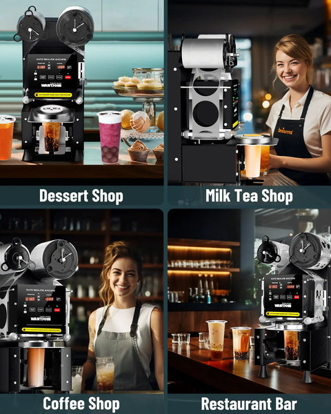 Fully Automatic Cup Sealing Machine 90 To 95mm Electric Sealer with LCD at dessert, milk tea, coffee, and restaurant settings