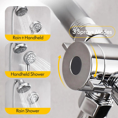Shower Faucet System With Rain Shower Kit And High-Pressure Handheld Head 2-In-1 Dual Valve Trim Chrome with 3 spray modes