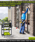 Beefy 4 Tier Rolling Tool Cart On Wheels With 8 To 12 Drill Holders outside a building with a worker cleaning glass