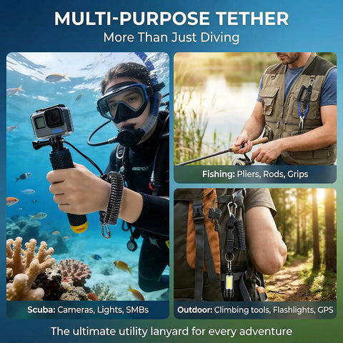 Diver using Scuba Diving Lanyard For Underwater Cameras around coral, fishing gear tethered, outdoor tools secured with lanyard.