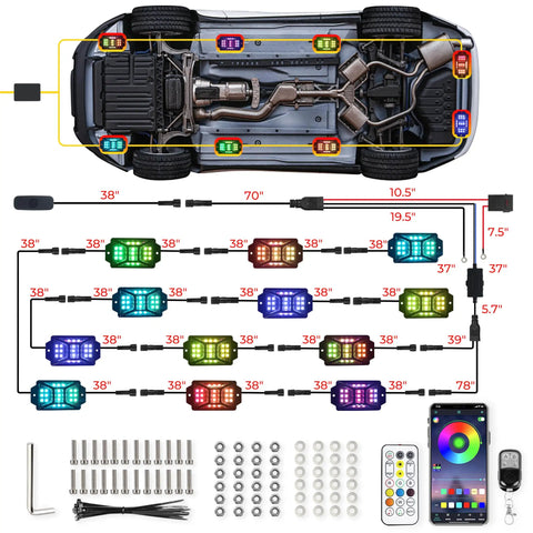 Diagram of 12 Pods 252 LEDs 5 Sides RGB Rock Lights With App And 2 Remote Control For Trucks Waterproof Underglow Kit 12V