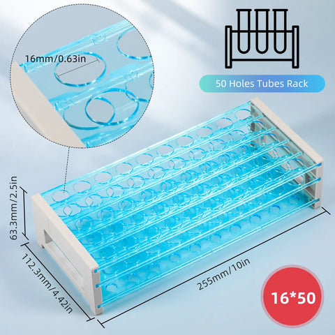 Heavy Duty 50 Hole Test Tube Rack For 13, 16, And 18mm Tubes, Multi Layer Detachable Tray with dimensions shown