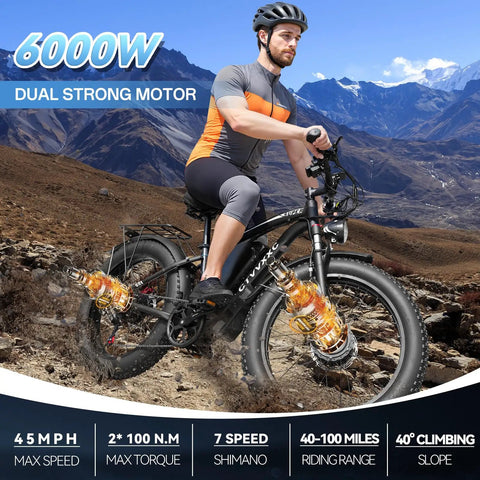 Rider on Beast 6000W Dual Motor Ebike For Adults With 52V 34Ah Battery 45 MPH Top Speed Up To 100 Mile Range on mountain.
