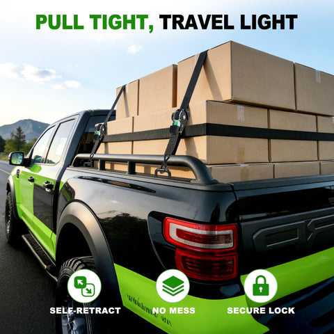 Retractable Ratchet Straps 4 Pack 1 Inch By 10 Feet Self Retracting Go-To Tie Down Straps securing boxes on truck bed