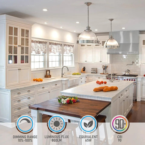 Modern kitchen with 6 Inch Gimbal LED Recessed Downlight No Brainer Dimmable 5CCT installed, featuring pendant lights and white cabinets.