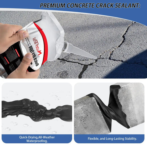 No Fuss Self Leveling Asphalt Crack Filler And Driveway Repair Sealant For Concrete Joints Blacktop Roads Fast Cure Waterproof Patch Kit Easy Application Smooth Finish With Six Pack Value Bundle being applied to a crack in concrete.