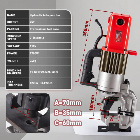 Beefy 25T Electric Hydraulic Hole Puncher With Five Dies 1700W Copper Motor Rugged Punch Tool For Metal Up To 12mm Thick Red CPM25 Ideal For Sheet Metal And Channel Work, red hydraulic hole puncher with die sizes and 12mm max thickness